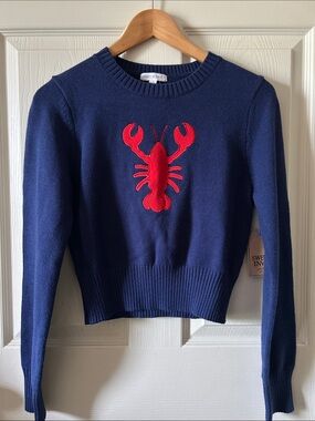 Sweet Envy Blue Cropped Knit Sweater with Red Lobster Design Minimalist Sz Large